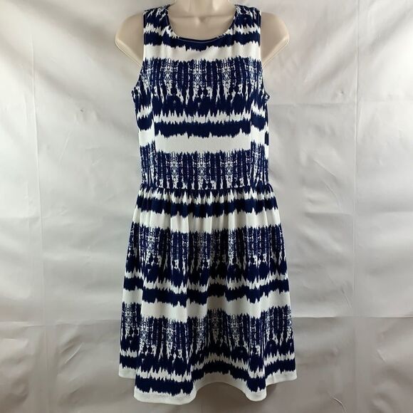 Aqua Navy and white print knit fit & flare dress - Picture 1 of 11